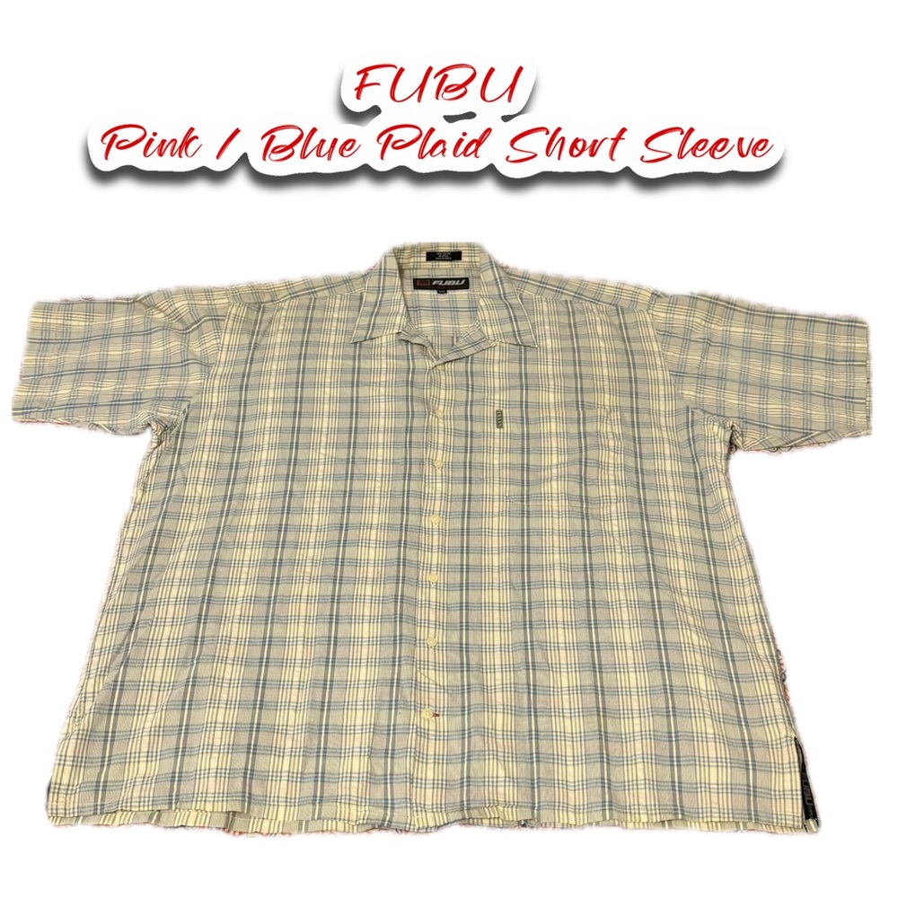 Vintage FUBU Men's Classic Collar Button Pink/Blue Plaid Short Sleeve Shirt